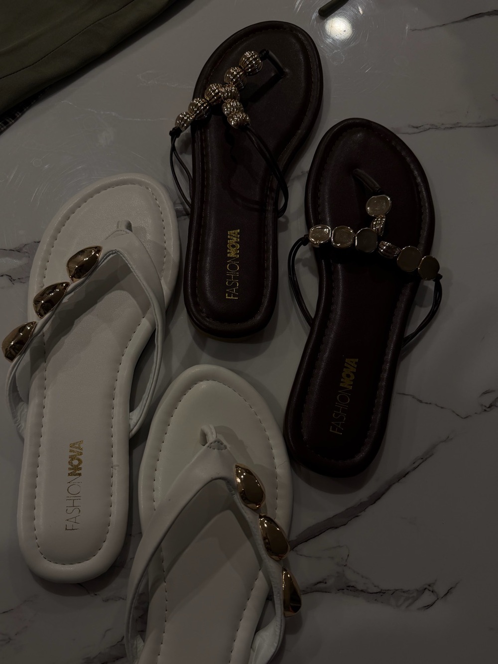 Fashion Nova Metallic Accent Flip Flop Sandals - White and Brown, Both Pairs $20